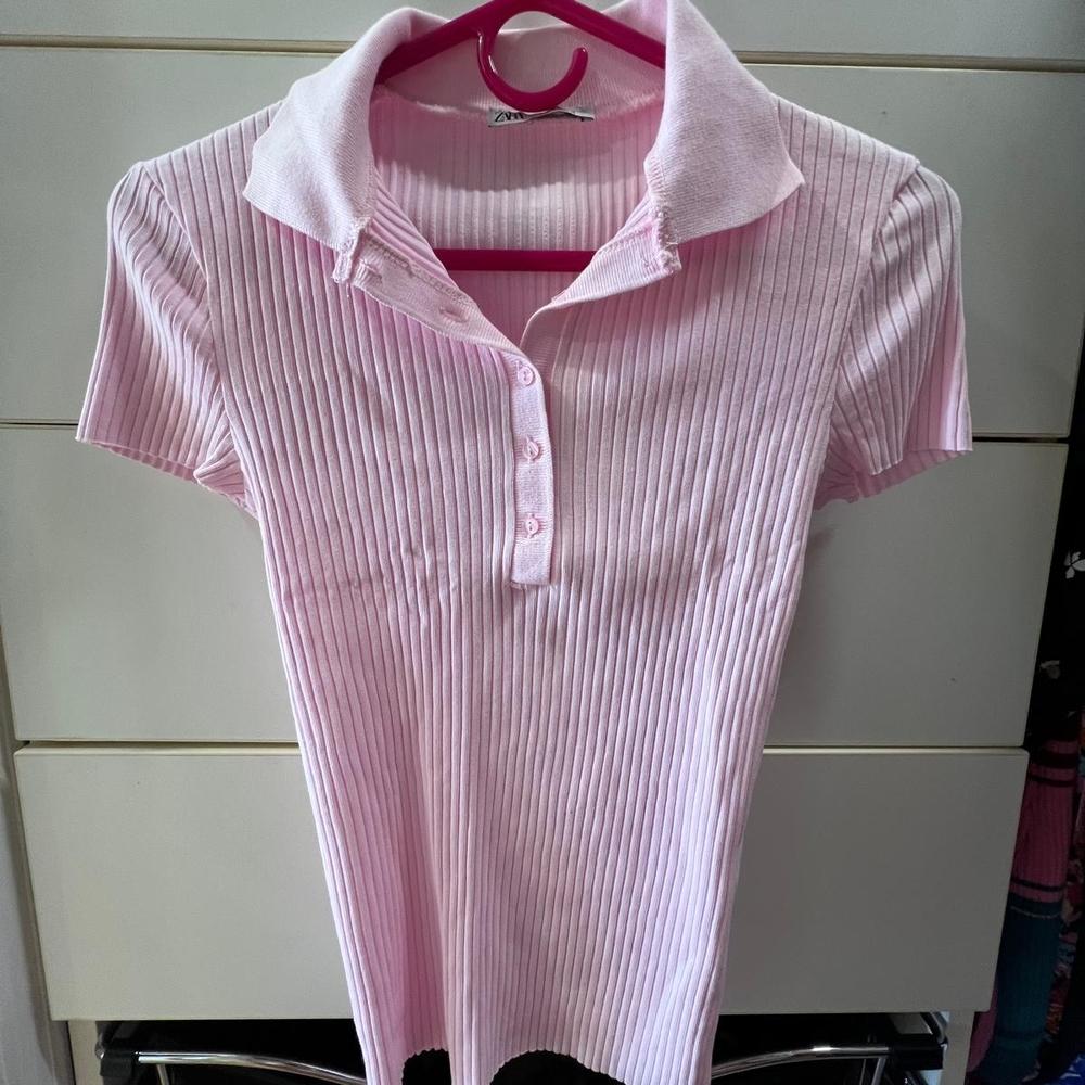 Zara Pink and White Ribbed Button Down Polo Shirt